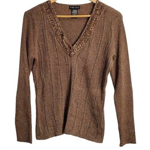 Y2K New York & Company Brown V-neck Stretchy Light Sweater Beads Sequins XL - Picture 1 of 7